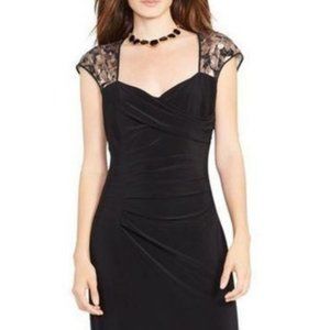 Lauren Ralph Lauren Evening Dress Lace Sleeves Ruched Jersey Black Size 6